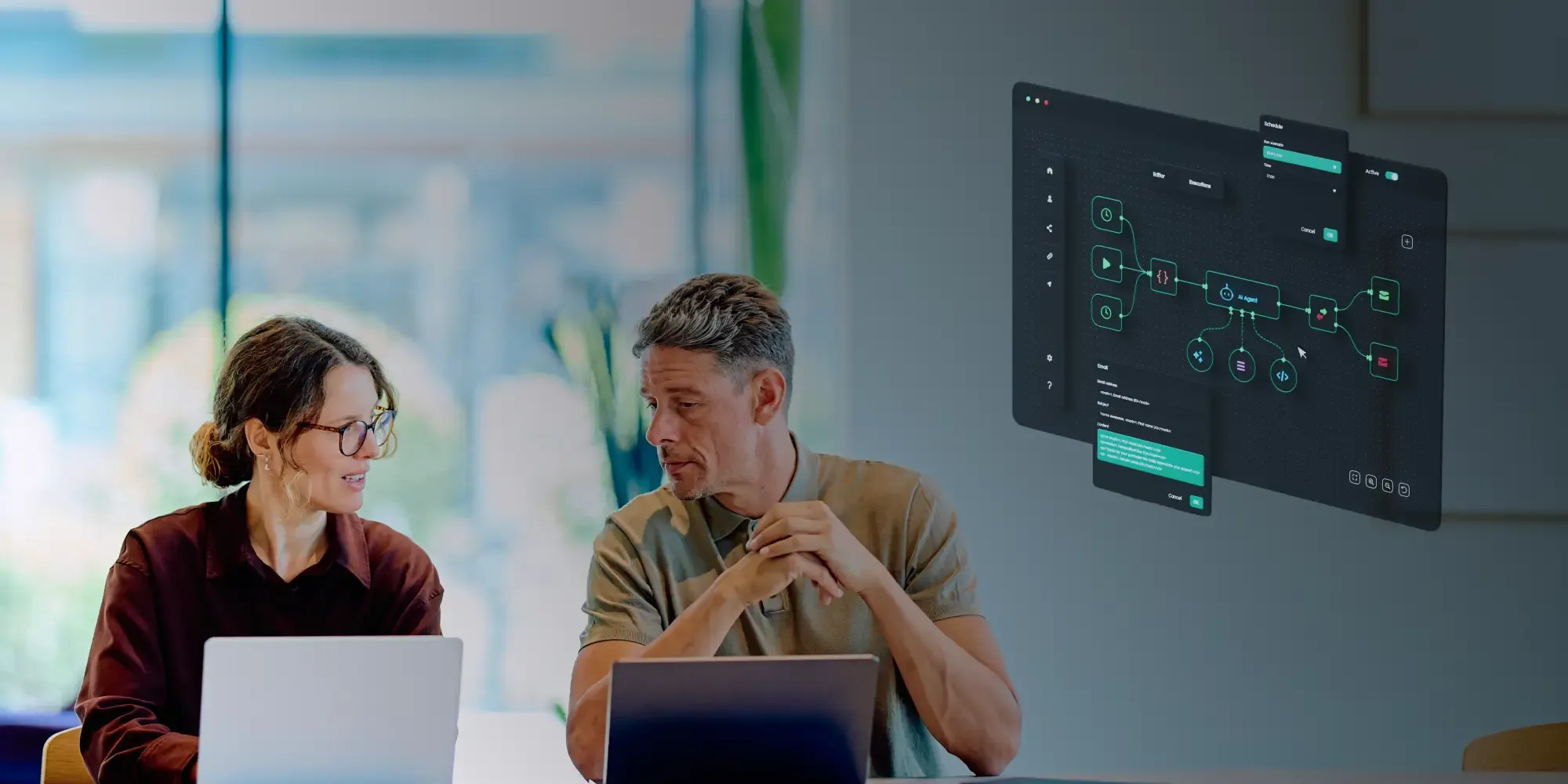 Team collaborating on custom AI workflow automation software and no-code business integration tools in a modern office.