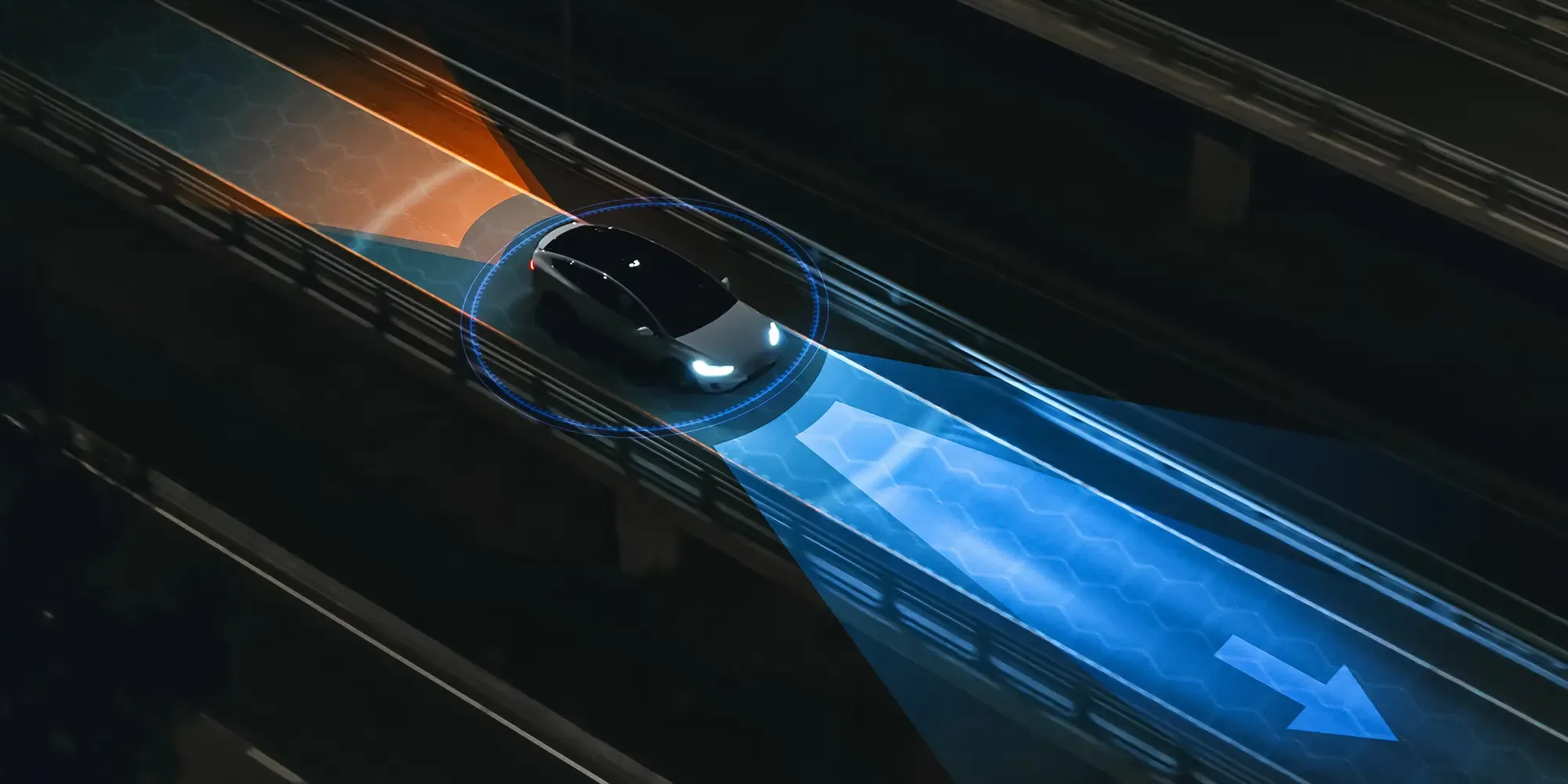 Self-driving autonomous vehicle using AI sensor technology on a highway at night for The Driverless Digest podcast.