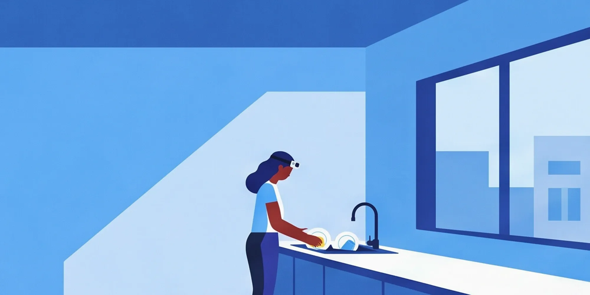 Person using wearable AI technology and smart head-mounted camera for first-person perspective data collection in a home setting.