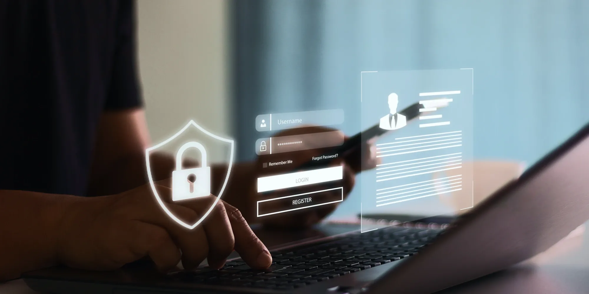 Next-gen fraud prevention technology featuring a secure login portal and digital identity verification interface on a laptop.