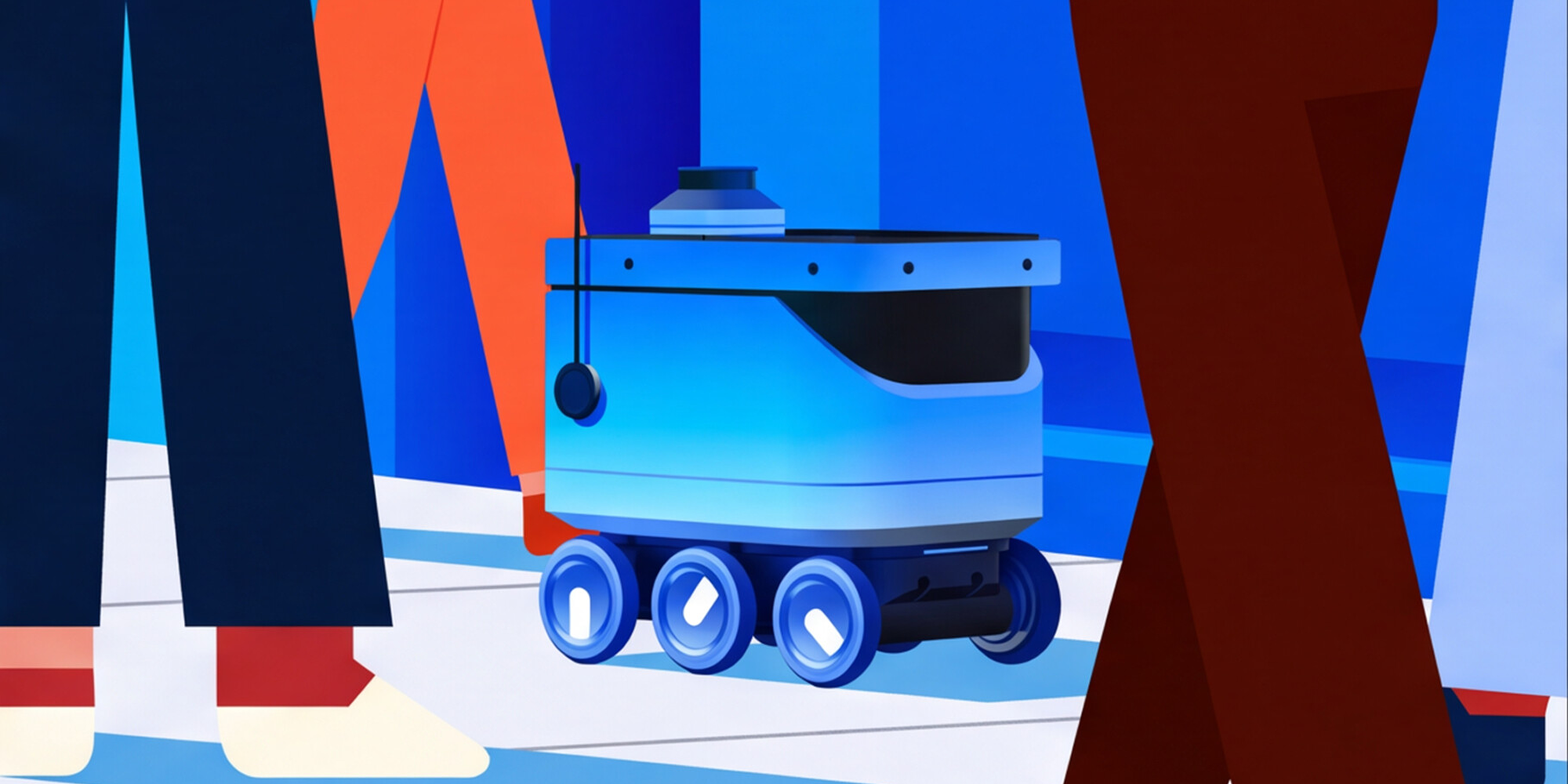 A blue autonomous delivery robot, powered by a hybrid engine system, navigating safely through pedestrian traffic.