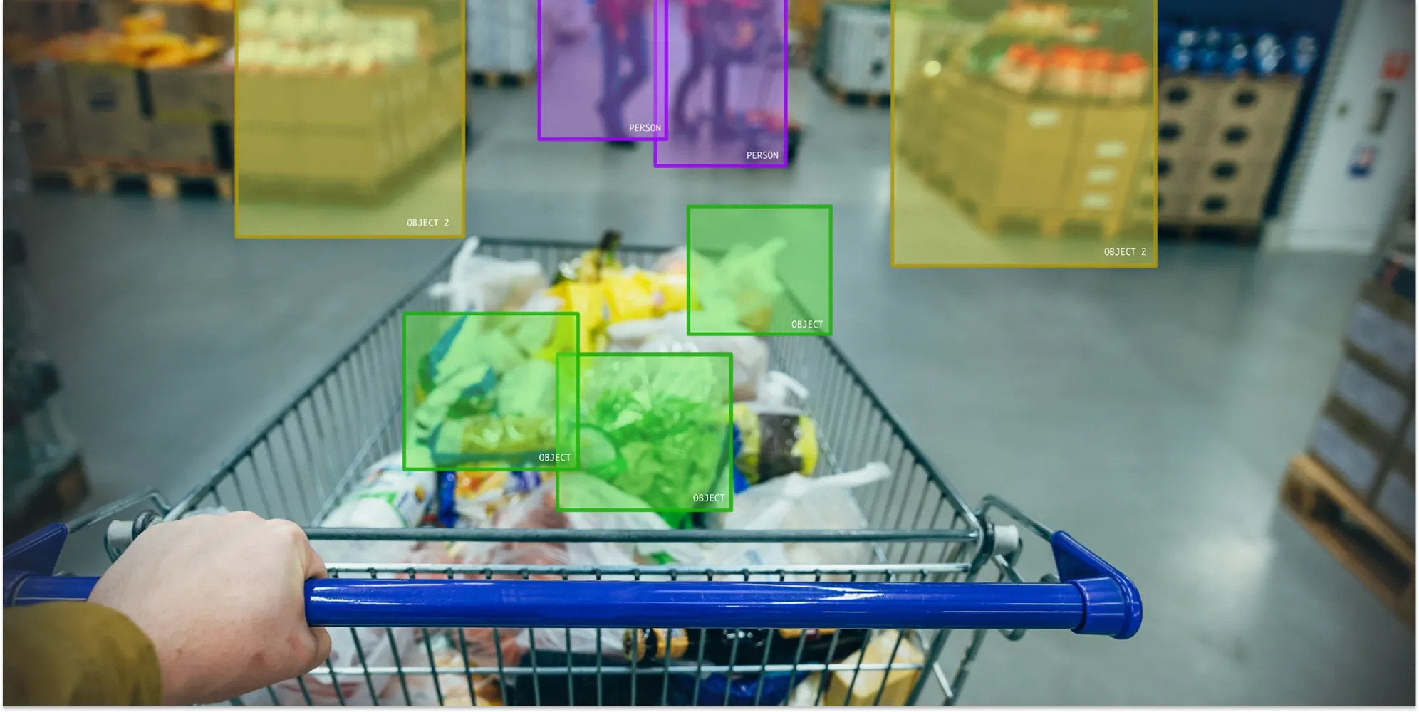 AI computer vision technology in retail showing autonomous object detection and machine learning algorithms tracking products and people in a supermarket aisle.