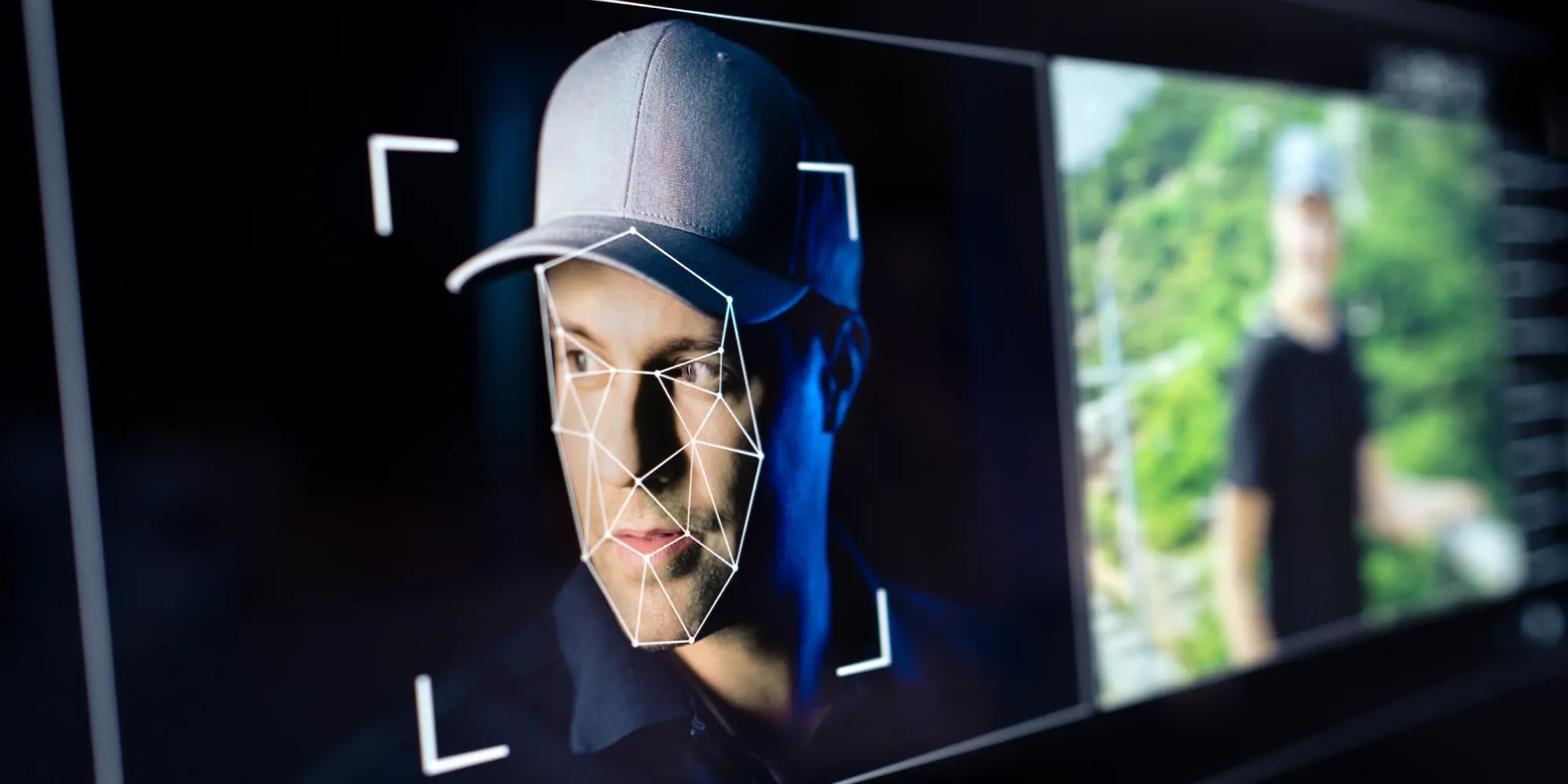 Facial recognition software analyzing a man's face with geometric mesh to detect deepfakes.