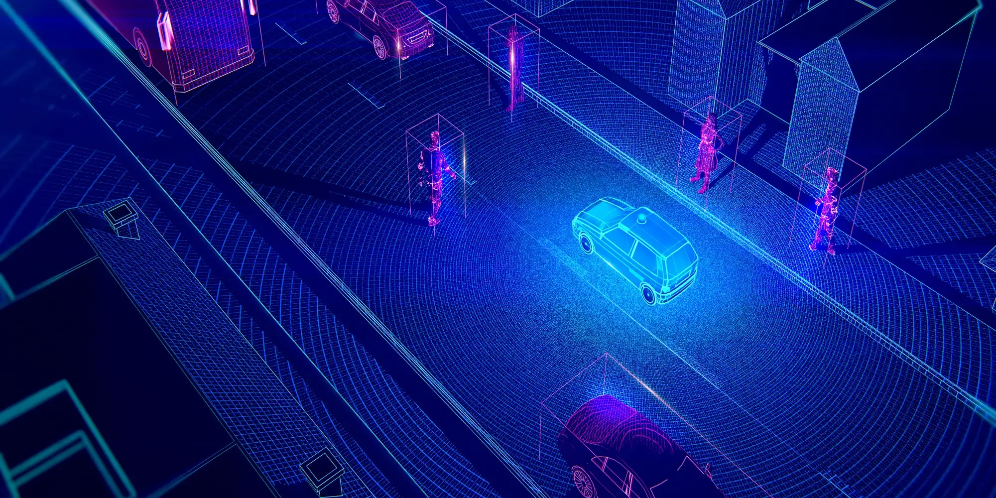 Cover image for the blog post "Robotaxi Leader Reduces Fleet Downtime and Support Costs." The graphic features a neon-blue, 3D wireframe visualization of an autonomous vehicle's perception system. A central robotaxi navigates a digital city street, emitting circular sensor waves that detect surrounding pedestrians—highlighted with glowing purple figures and 3D bounding boxes—alongside other vehicles and buildings.