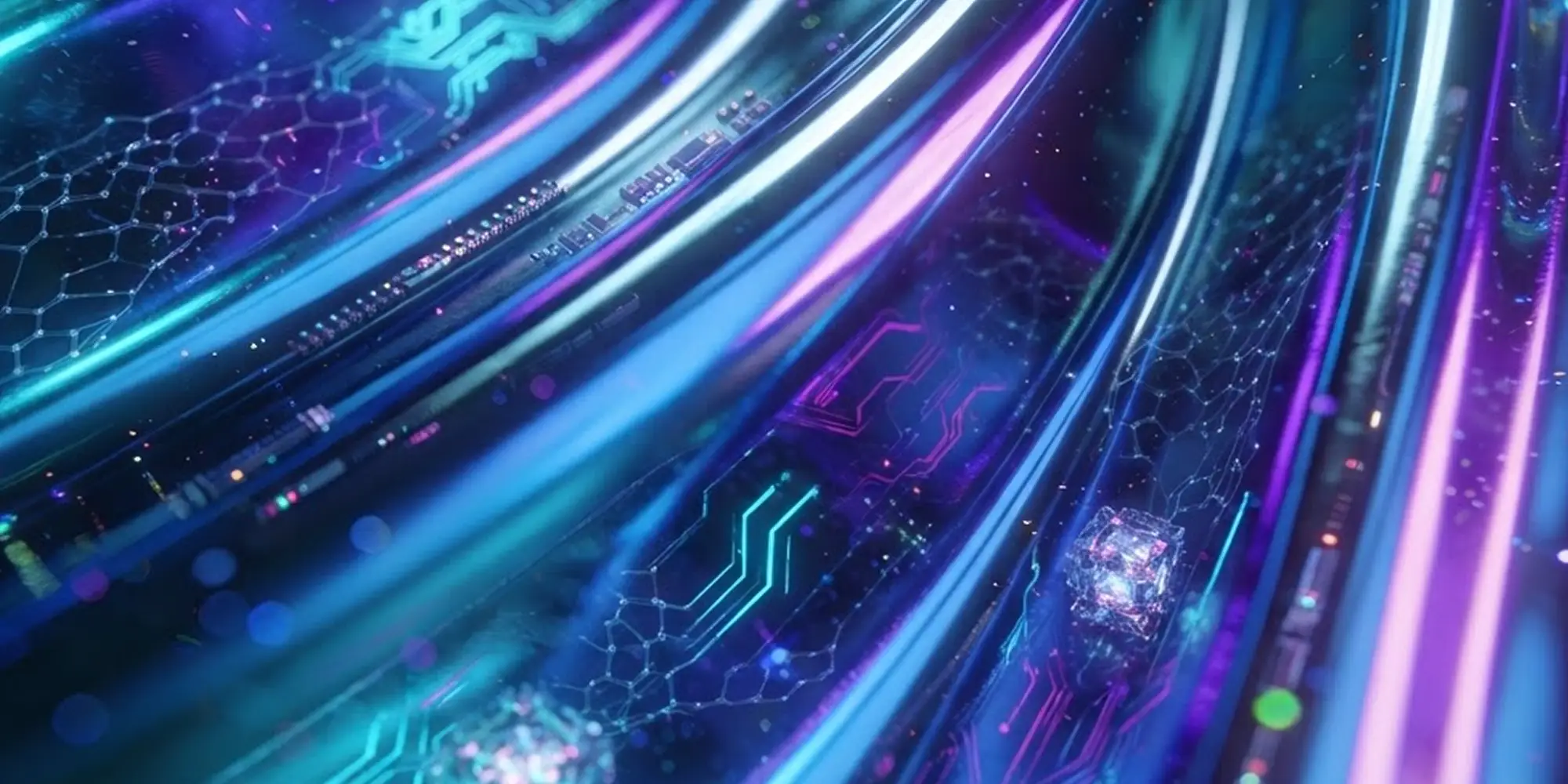 The Agentic Enterprise: How to Set AI Agents up for Success." An abstract, futuristic digital visualization featuring fast-moving, sweeping streams of neon blue, purple, and pink light interwoven with glowing circuit board patterns, faint hexagonal grids, and luminous, data-like cubes.